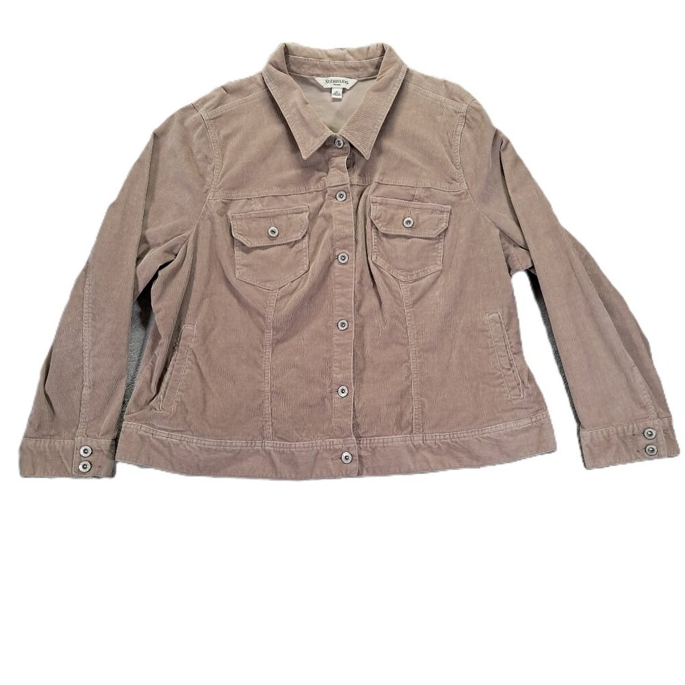 St Johns Bay Corduroy Jacket Women Plus 3X Button Up Tan Pockets Stretch Trucker